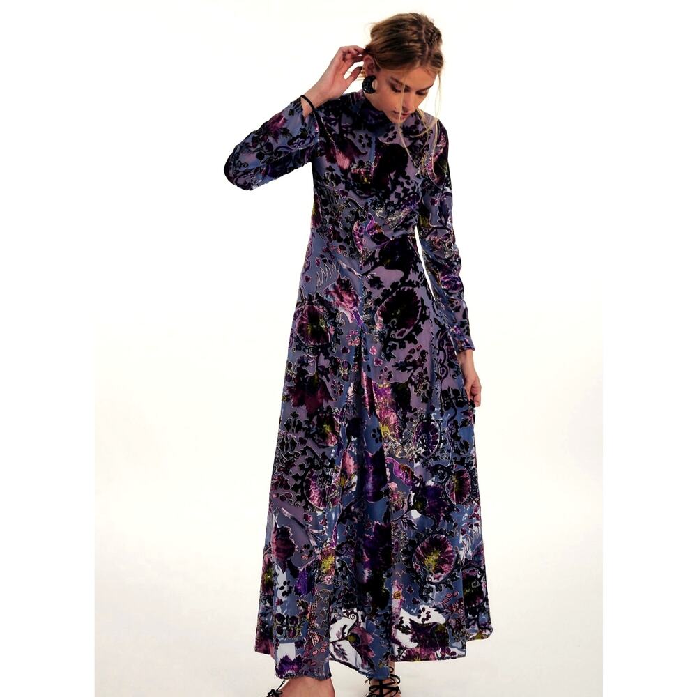 Free People Bali Painterly Paisley Velvet Maxi Dress Lagoon Combo M